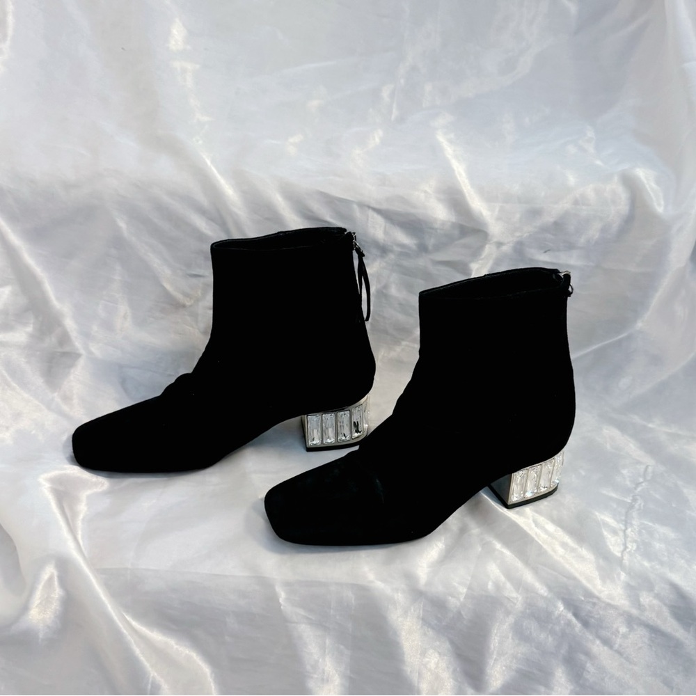 Miu Miu Black Ankle Boots with Metallic Crystal Heel